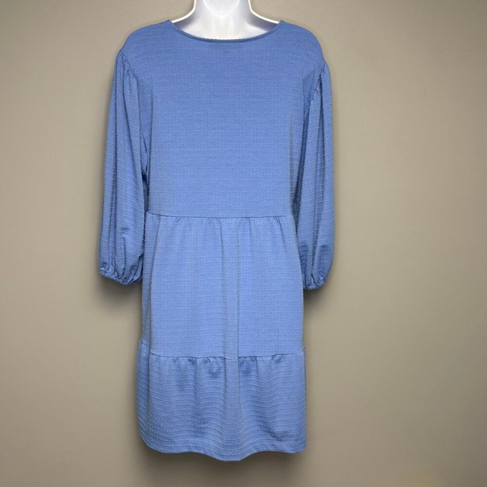 Loft Cottagecore Boho Babydoll Puff Sleeve Blue Tiered Oversize Mini Dress Sz 14 - Picture 2 of 5